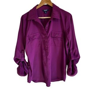 Old Navy Tunic Top Roll-Tab Sleeve Button Up Pockets Blouse Purple Size M‎